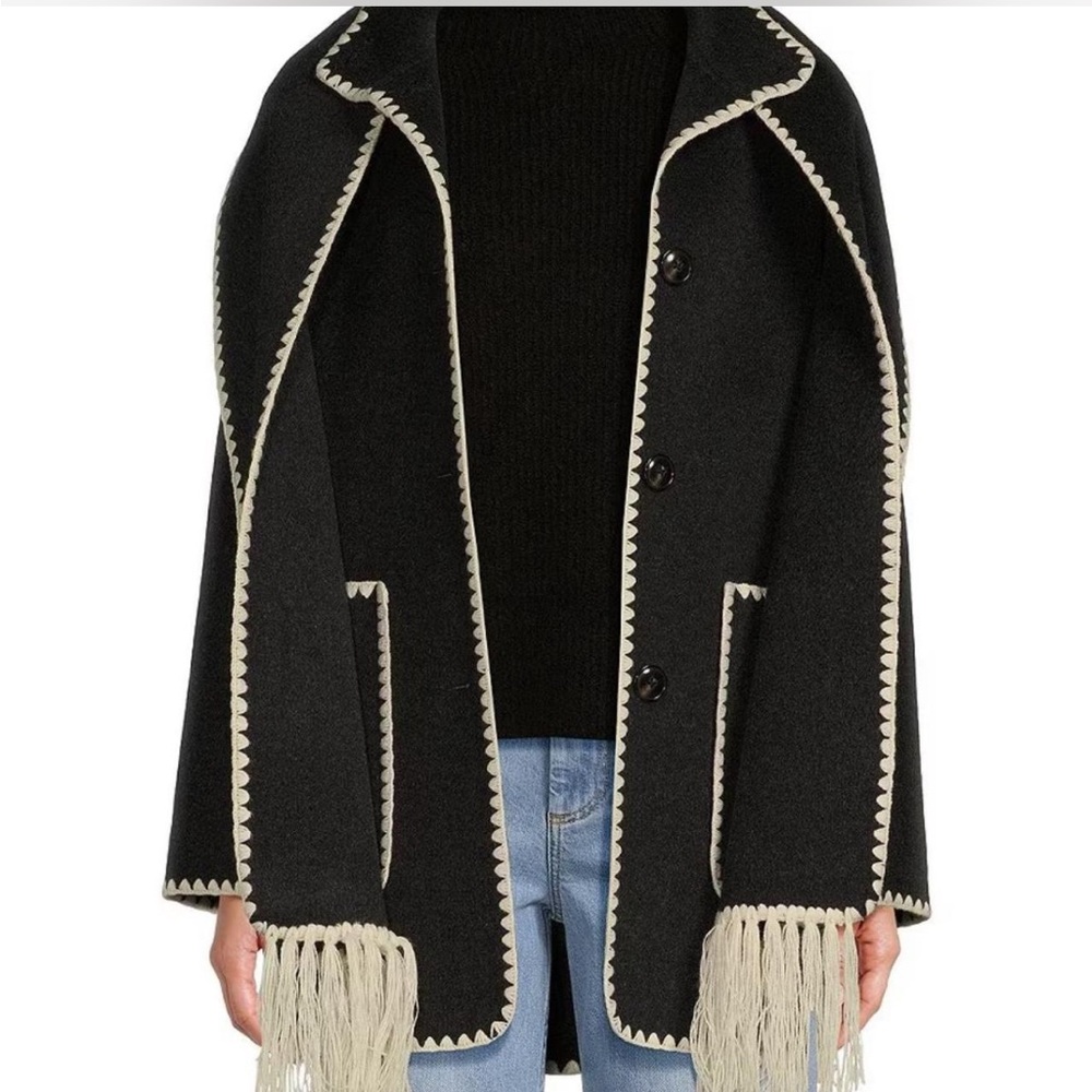 ANTONIO MELANI Fringe Scarf Wool Long Sleeve Jacket Trench Coat